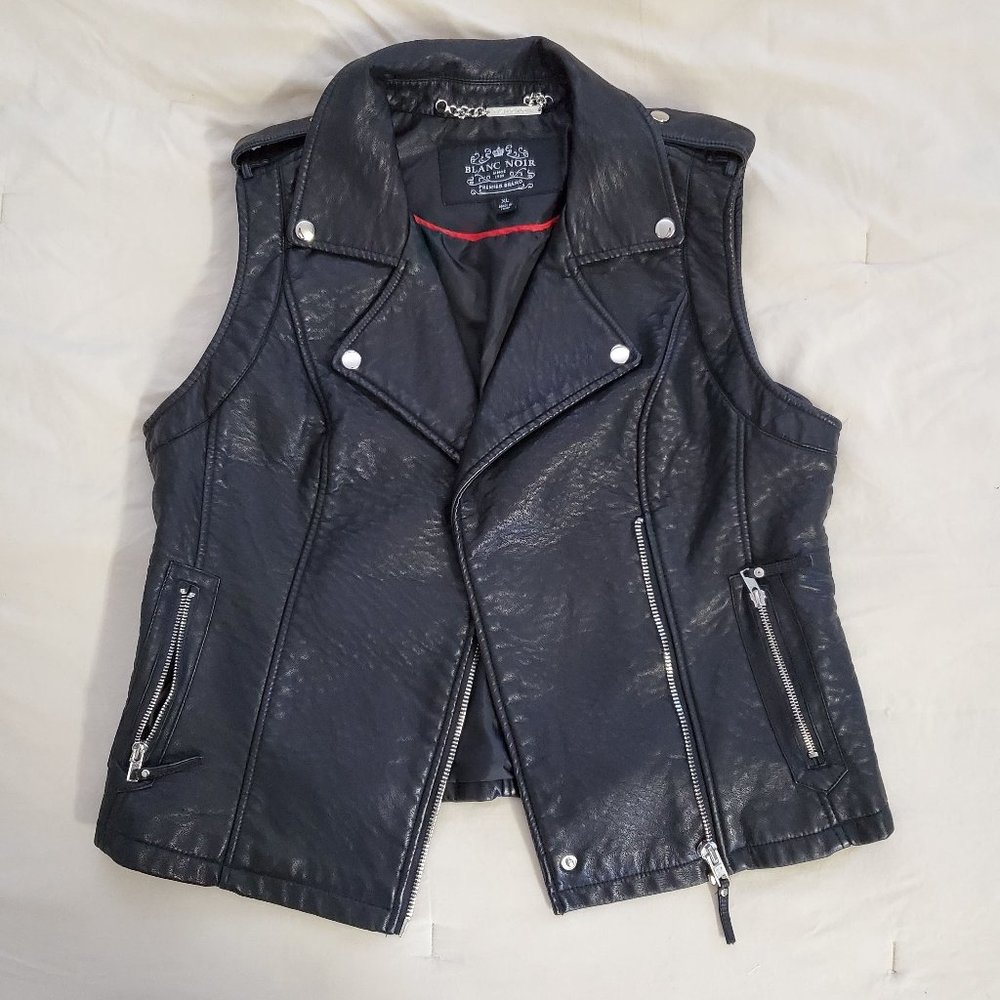 Blanc Noir Black Leather Vest Jacket